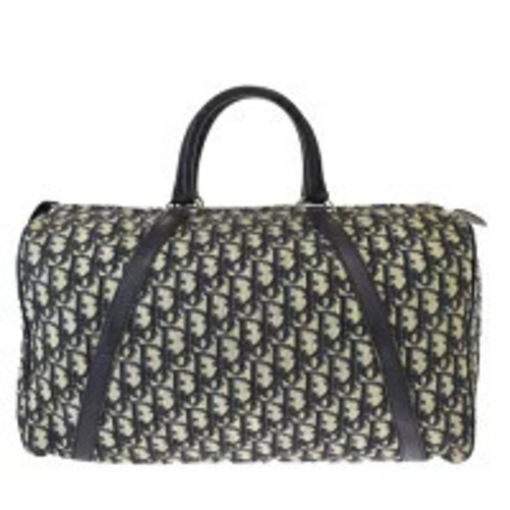 Christian Dior Trotter Handbag Boston Navy Blue Canvas Leather